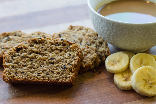 tahini banana bread with tahini bowl