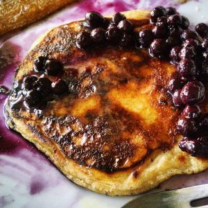 freshly milled pancakes with blueberry sauce