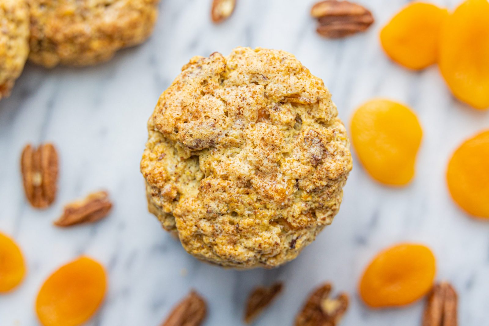 Toasted Oat, Pecan & Flaxseed Scone with apricots and pecans scattered around
