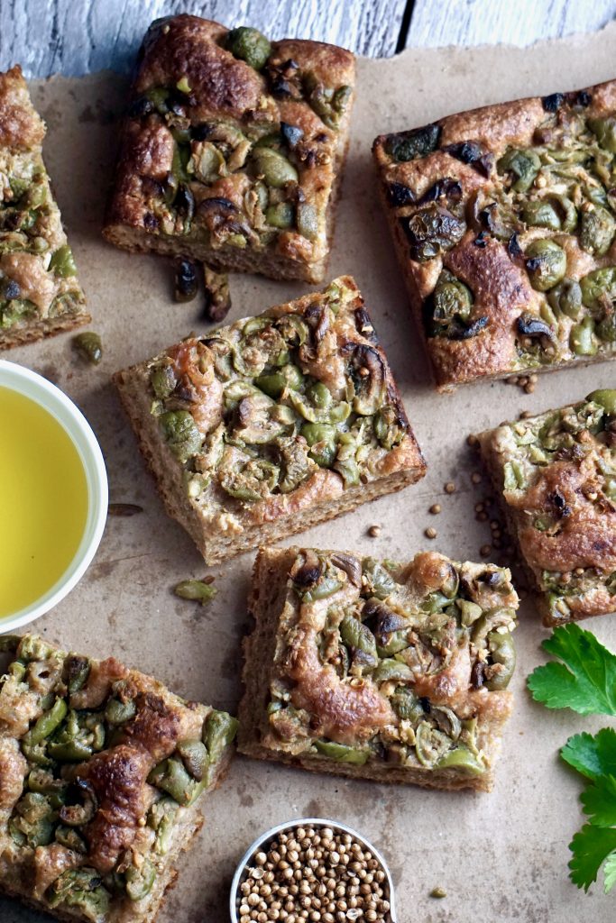 slices of green olive focaccia