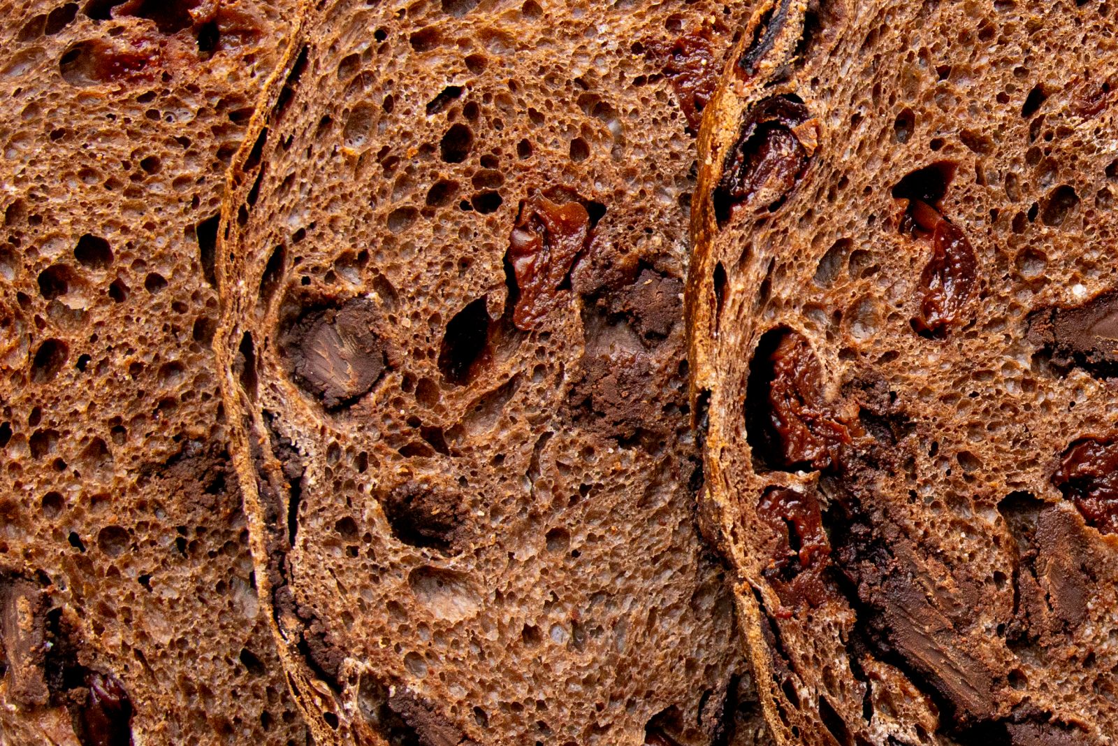 close up view of slices of chocolate cherry bread