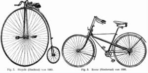 An 1880 penny-farthing (left), and the first modern bicycle, J. K. Starley's 1885 Rover Safety bicycle (right) [Photo Source: Wikipedia]