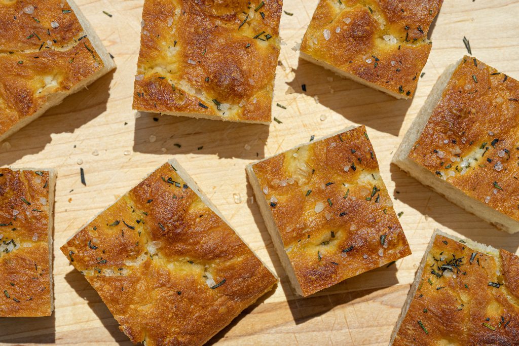 overhead view of squares of Rosemary Focaccia