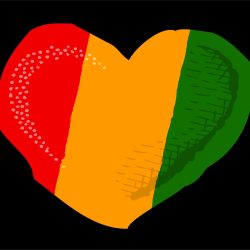 An illustrated heart with red, yellow, and green diagonal stripes on a black background.