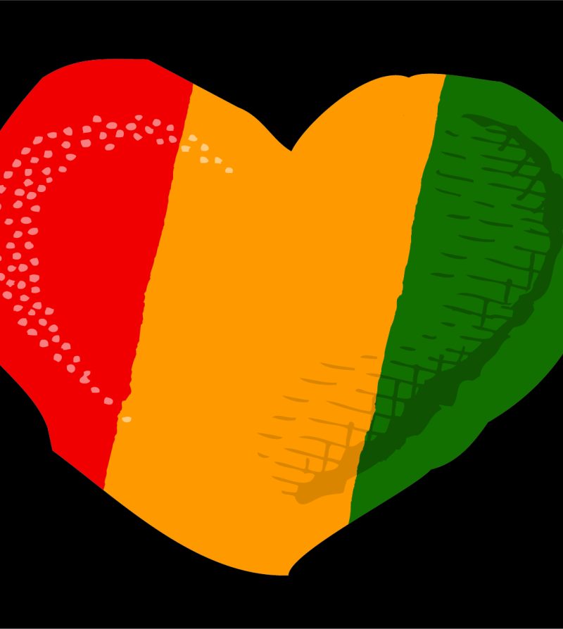 An illustrated heart with red, yellow, and green diagonal stripes on a black background.