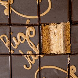 An overhead view of a Rigo Jansci Torte cut into square slices and one slice turned on its side to reveal its layers