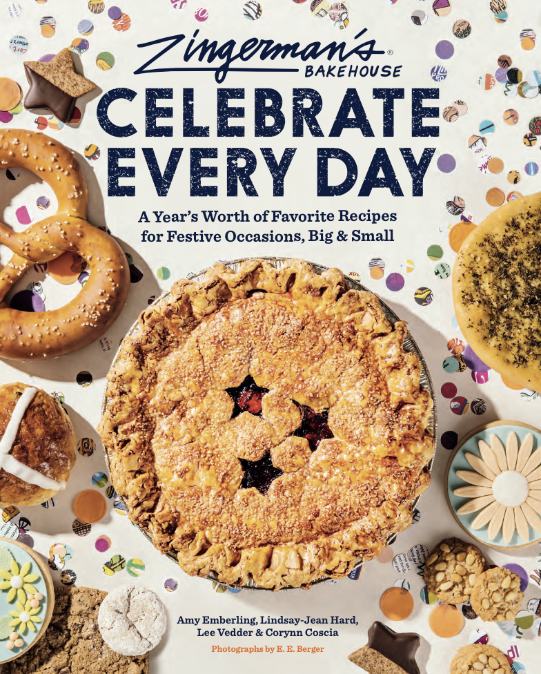 The cover of the Zingerman's Bakehouse Celebrate Every Day cookbook cover featuring a pie surrounded by various baked goods.