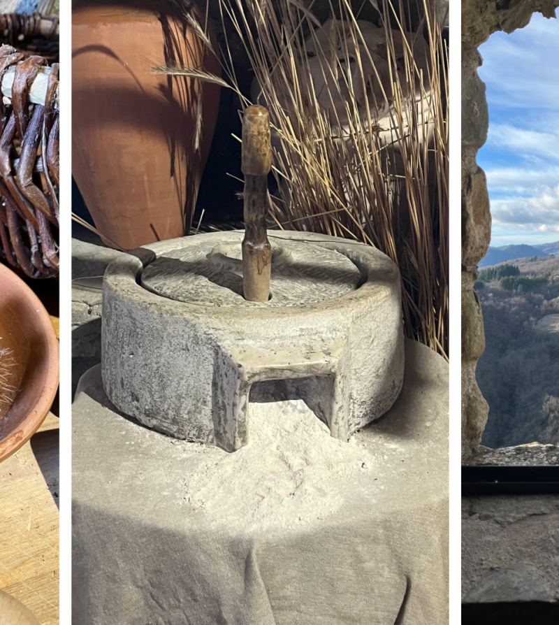 chestnuts, a mill, and the view through a castle window in italy