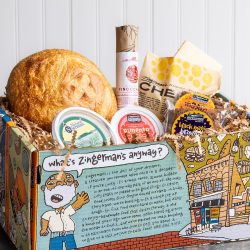 a cartoon gift box filled with bread, spreads, cheese, and brownies