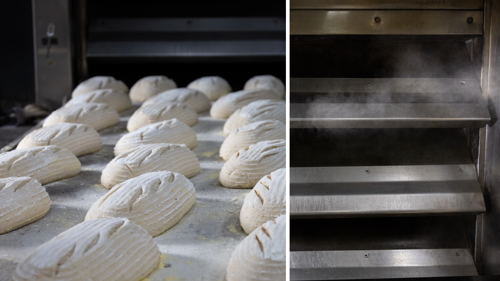 loaves of unbaked bread and an oven with steam coming out