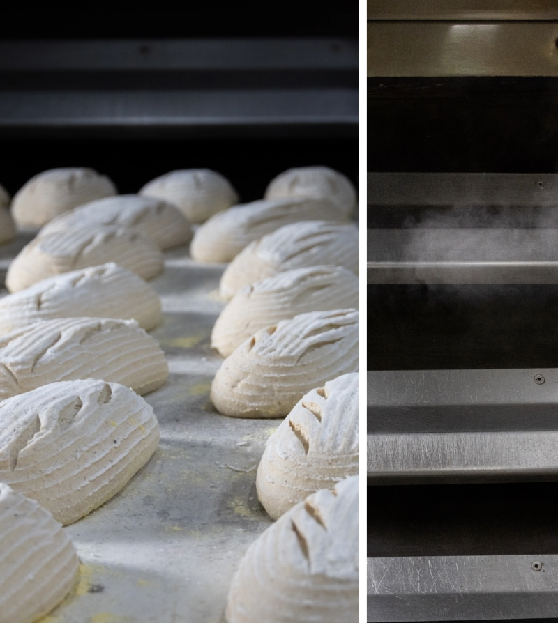 loaves of unbaked bread and an oven with steam coming out